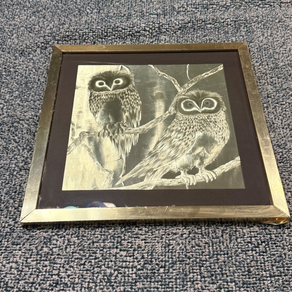 Vintage Caratacus Ltd England Foil Owl Art Framed Silver Tone Etched 16x16